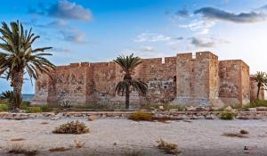 an old brick building with palm trees in front of it at hotel arisha in Houmt Souk +40 photos