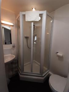 a bathroom with a shower and a toilet and a sink at Harvington House in Keswick