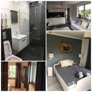 a collage of four pictures of a bathroom and a bedroom at Apartamenty i pokoje u Staszelów in Poronin