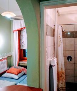 ein Bad mit einer Dusche, einem Bett und einer Badewanne in der Unterkunft Nekeczki Vendégház in Nagykáta