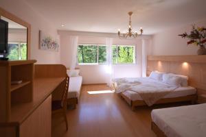 a hotel room with two beds and a television at Hotel Arena restaurant le Refuge in Corte