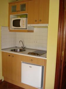 a small kitchen with a sink and a microwave at Apartamentos Rurales El Molín de Panizal in San Cosme