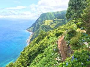 uma vista para o oceano a partir de uma colina com flores em Azores Casa Hawaii em Nordeste