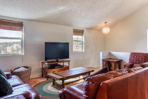 a living room with leather furniture and a flat screen tv at Split Pine Cabin in Pagosa Springs