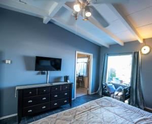 1 dormitorio con 1 cama y TV en una pared azul en Harmony Motel, en Twentynine Palms