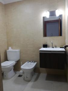 un bagno con un water, un lavandino e uno specchio di Edificio DOMUS a Necochea Altre 5 foto