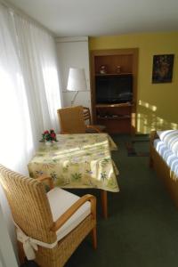 una camera d'albergo con tavolo, sedie e TV di Ferienwohnungen Hildegund a Uschlag