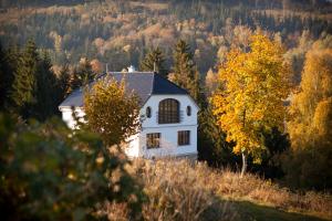 una casa bianca seduta in cima a una collina di Dom Młyńsko a Stronie Śląskie