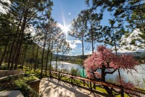 a bridge over a river with the sun in the background at CEREJA Hotel & Resort Dalat in Da Lat