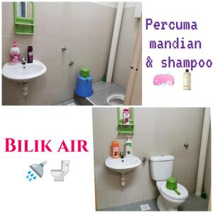 馬六甲的住宿－HOMESTAY MURAH MELAKA Melayu Sahaja，浴室设有水槽和卫生间,两幅图片