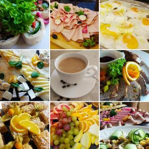 Hotel Folwark في زغيرز: مجموعة من صور الطعام وكوب من القهوة