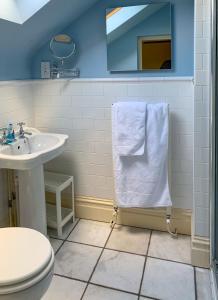 a bathroom with a sink and a toilet and a towel at Hollies Farm B&B in Wrexham