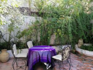 une table et des chaises violettes dans un jardin dans l'établissement Dar Ines, à Moulay Idriss Zerhoun