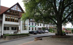 ein Baum vor einem Gebäude mit geparkten Autos in der Unterkunft Hotel Waldblick in Donaueschingen