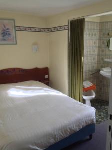 オベルネにあるHôtel Restaurant Zum Schnogalochのベッドとバスルーム付きのホテルルームです。