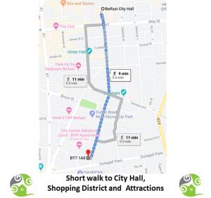 a map of the short walk to city hall shopping district and attractions at City Centre - Parking - Great Location - 4 Beds in Belfast
