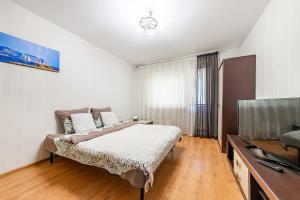 明斯克的住宿－Helen Apartments (Olimp)，一间卧室配有一张床和一台平面电视