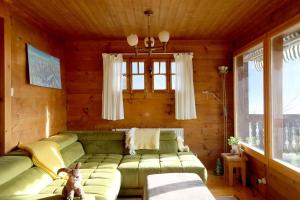 a living room with a green couch in a cabin at Chalet Blanche Neige in Gryon
