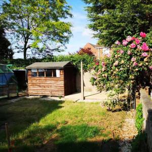 RocesterにあるNorthfield Houseのピンクのバラが咲く庭にある木造の小屋