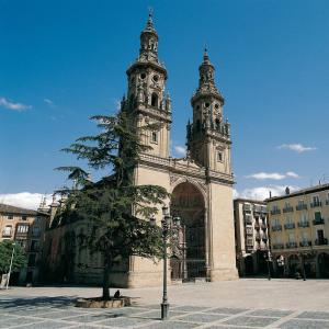 een gebouw met twee torens en een boom ervoor bij Puente sobre el Ebro in Logroño