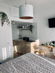 a room with a kitchen with a table and a counter at Blue Flamingo Apartment in Torremolinos