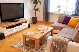 salon z telewizorem i stolikiem kawowym w obiekcie Apartament Nowowiejskiego w mieście Częstochowa