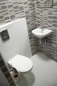 La salle de bains est pourvue de toilettes blanches et d'un lavabo. dans l'établissement OXCafe Hostel, à Kose-Uuemõisa