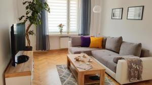 salon z kanapą i stołem w obiekcie Apartament Nowowiejskiego w mieście Częstochowa