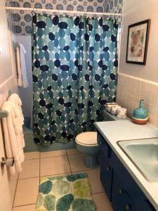 a bathroom with a toilet and a shower curtain at Cheston House - Clothing Optional All Male Guesthouse in Fort Lauderdale
