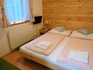 two twin beds in a room with wooden walls at Apartmán FuFu in Prostřední Lánov