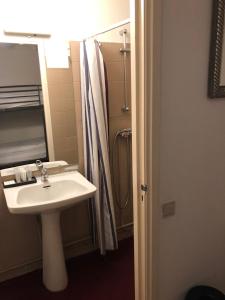 uma casa de banho com um lavatório e um chuveiro em Amsterdam House Hotel em Amsterdã