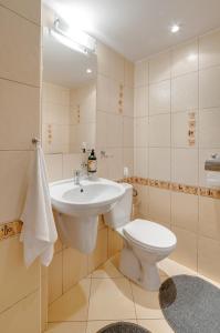 a white bathroom with a sink and a toilet at Nasze Kamienice Apartament Muzyczny z antresolą in Rzeszów