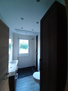 a bathroom with a toilet and a sink and a window at Ferienwohnung Lorenz in Oberhausen
