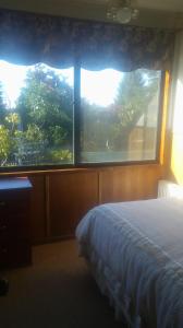 a bedroom with a bed and a large window at Hostal Möller in Villarrica