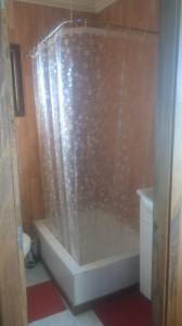 a bath tub with a shower curtain in a bathroom at Hostal Möller in Villarrica