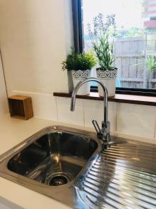 a sink in a kitchen with potted plants on a window at Salt in Apollo Bay