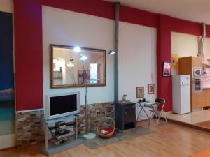 een woonkamer met een televisie en een spiegel bij Loft céntrico y confortable in Jerez de la Frontera