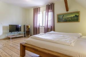 a bedroom with a white bed and a television at SchlafGut Gmelin in Angelbachtal