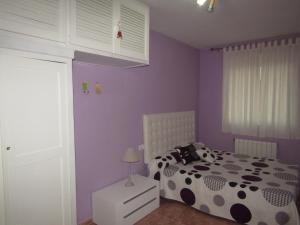 a bedroom with a black and white bed and purple walls at Playa Vinaroz in Vinarós