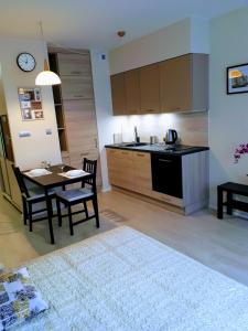 a kitchen and dining room with a table and chairs at Vena apartment in Wrocław