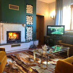 a living room with a fireplace and a tv at Sielanka w Brennej in Brenna