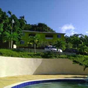 a yellow house with a swimming pool in front of it at ThA LaGooN SpOt Caribbean BrEeZe in Port Antonio