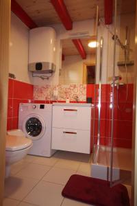 a bathroom with a washing machine and a toilet at Domki pod lasem blisko morza in Sztutowo