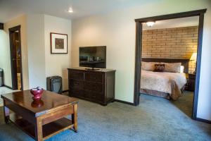 um quarto com uma cama e um espelho grande em The Stagecoach Inn em Salmon