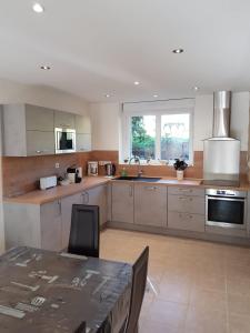 a large kitchen with a table and a counter top at MIDORI in Saint-Rambert-en-Bugey