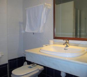 a bathroom with a sink and a toilet and a mirror at Hostal Artiga in Alborea