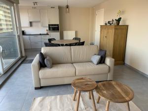 un salon avec un canapé et une table dans l'établissement Livorno with private parking, à Nieuport