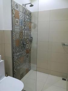 a bathroom with a shower with a glass door at Viena Hospedaria in Treze Tílias +35 photos