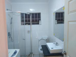 y baño con aseo, lavabo y ducha. en LEONE PARIS, en Windhoek