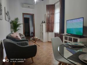 a living room with a television and a glass table at Casa en la Juderia in Carmona